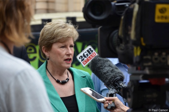Australian Greens leader Senator Christine Milne being interviewed before the March In March rally took place in Sydney.